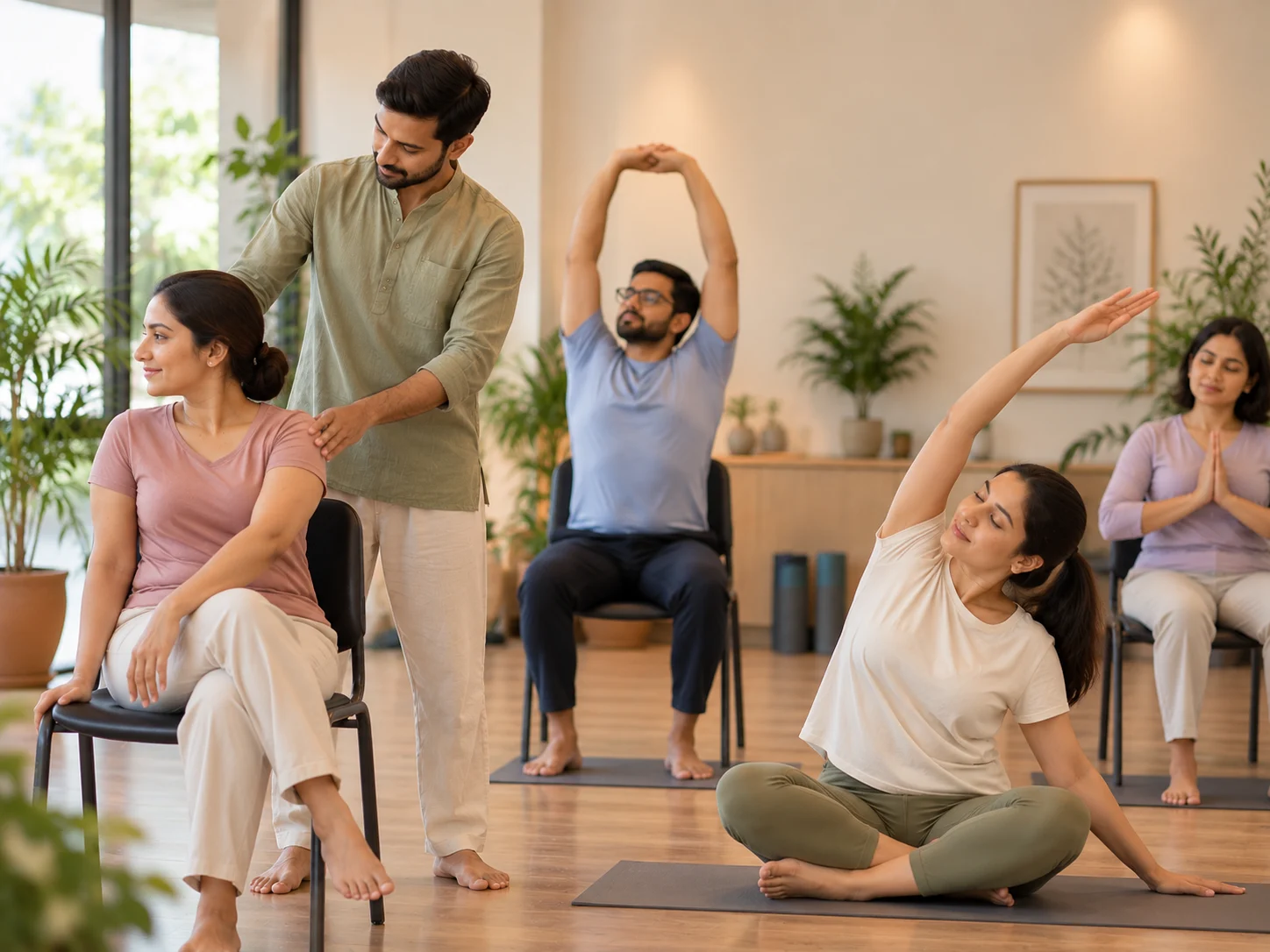 Students stretching in a bright studio